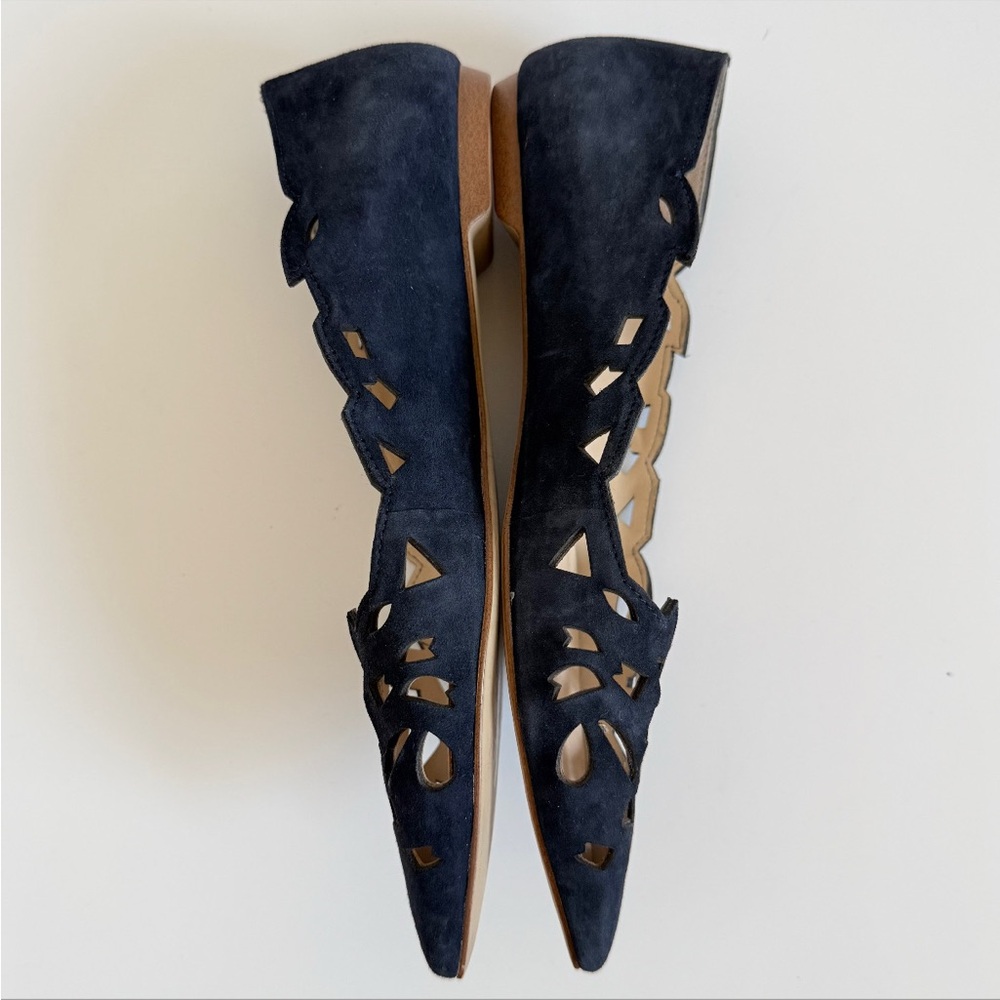 Zara Navy Pointed Laser-Cut Suede Flats - Picture 6 of 8